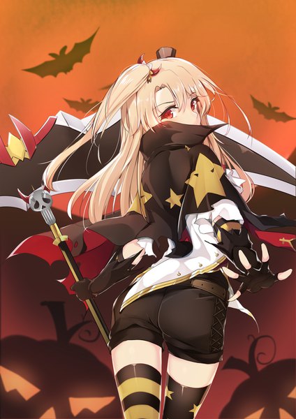 Anime picture 1240x1754 with azur lane cleveland (azur lane) cleveland (devil fever) (azur lane) hentai kuwa single long hair tall image looking at viewer fringe blonde hair hair between eyes red eyes looking back zettai ryouiki one side up halloween star print different thighhighs girl thighhighs