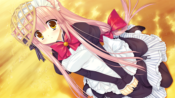 Anime picture 1024x576 with nekonade distortion nanakase gizmo long hair wide image animal ears yellow eyes pink hair game cg cat ears maid cat girl girl bow hair bow headdress bowtie maid headdress apron bell