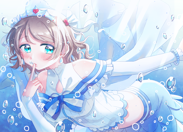 Anime picture 2124x1532 with love live! sunshine!! sunrise (studio) love live! watanabe you hina (hinalovesugita) single blush highres short hair blue eyes brown hair bare shoulders looking away finger to mouth underwater girl detached sleeves earrings bubble (bubbles) tiara