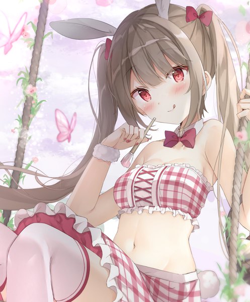 Anime picture 1491x1800 with original saeki sora single long hair tall image looking at viewer breasts light erotic smile red eyes brown hair sitting twintails bare shoulders holding animal ears payot blurry arms up bare belly