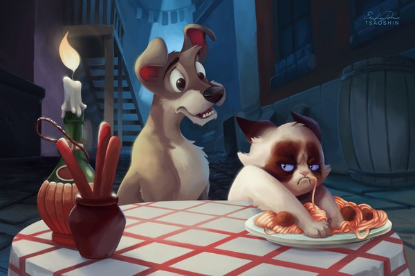 Anime picture 1280x853 with lady and the tramp disney grumpy cat tsaoshin open mouth blue eyes sitting brown eyes signed animal ears couple eating frown street parody humor animal food cat fire