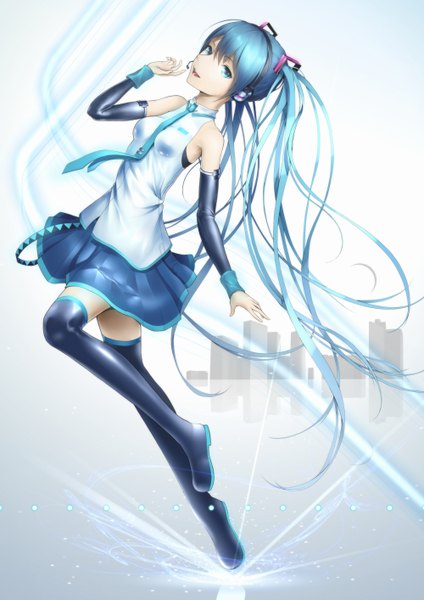 イラスト 2000x2828 と ボーカロイド 初音ミク oki (koi0koi) ソロ 長髪 長身像 カメラ目線 highres 開いた口 笑顔 ツインテール 肩出し aqua eyes aqua hair 女の子 スカート シャツ ヘッドフォン 長靴 マイク