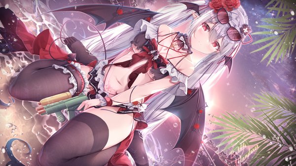 Anime picture 1920x1080 with original manman manyou haiyang de paomo single long hair looking at viewer blush fringe highres breasts light erotic hair between eyes red eyes wide image sitting twintails holding sky silver hair outdoors tail