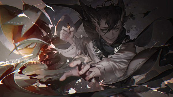 Anime picture 1024x576 with pokemon pokemon sm nintendo bisharp grimsley (pokemon) giima (pokemon) kawacy single looking at viewer fringe short hair black hair smile hair between eyes wide image holding white hair multicolored hair fingernails wide sleeves