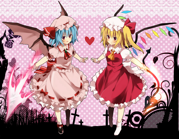 Anime picture 1400x1088 with touhou flandre scarlet remilia scarlet fujishiro emyu emyu blush short hair blonde hair red eyes multiple girls blue hair loli girl dress skirt weapon 2 girls wings frills heart