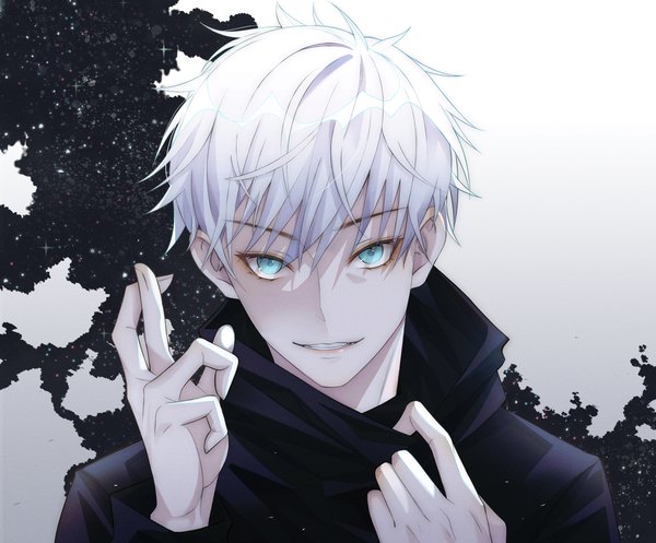 Anime picture 2500x2070 with jujutsu kaisen mappa gojou satoru ginong single looking at viewer fringe highres blue eyes simple background smile hair between eyes upper body white hair parted lips teeth sparkle gradient background crossed fingers boy