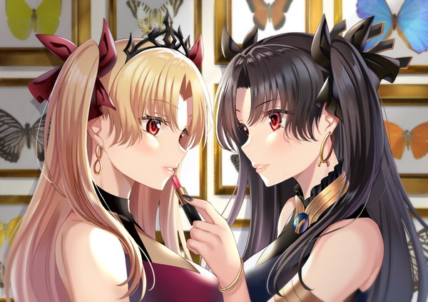 Anime picture 1000x705 with fate (series) fate/grand order ishtar (fate) ereshkigal (fate) harimoji long hair blush fringe black hair blonde hair hair between eyes red eyes bare shoulders multiple girls holding looking away nail polish parted lips profile two side up