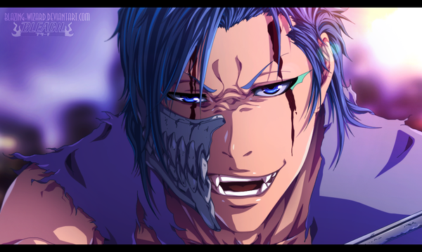 Anime picture 1124x673 with bleach studio pierrot grimmjow jeagerjaques blazing-wizard single short hair open mouth blue eyes smile wide image blue hair inscription coloring torn clothes close-up face espada boy blood mask