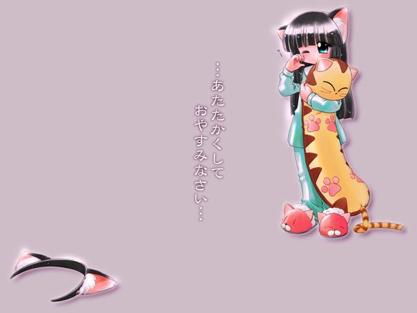 Anime picture 1024x768 with original animal ears cat ears wallpaper sleepy shoes pajamas slippers sleeping robe zan