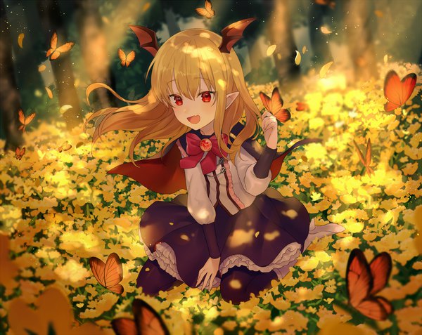 Anime picture 1200x954 with granblue fantasy vampy achiki single long hair looking at viewer blush fringe open mouth blonde hair hair between eyes red eyes sitting full body outdoors long sleeves :d wind pointy ears sunlight