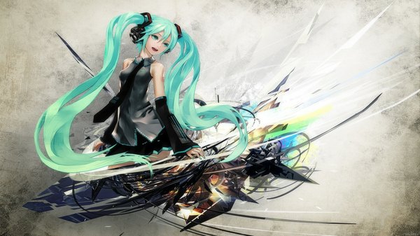 Anime picture 1920x1080 with vocaloid last night good night (vocaloid) hatsune miku redjuice single fringe highres open mouth wide image twintails bare shoulders very long hair aqua hair cropped girl detached sleeves necktie headphones
