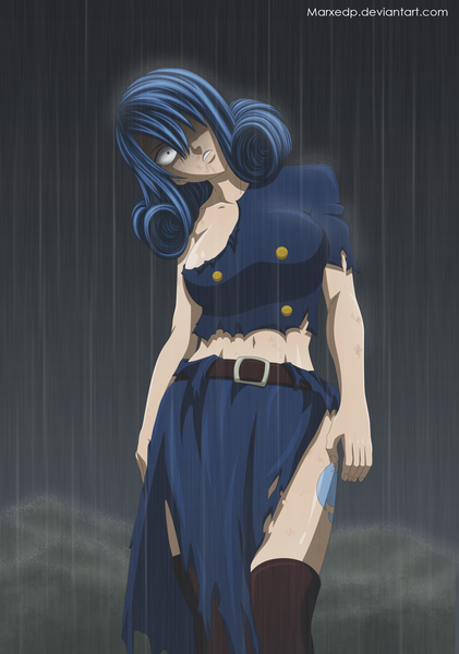 Anime picture 2000x2849 with fairy tail juvia lockser marxedp single long hair tall image fringe highres blue hair black eyes hair over one eye tattoo night sky coloring torn clothes drill hair rain girl navel belt