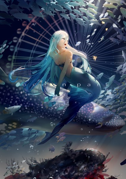 Anime picture 2480x3508 with original leiq single long hair tall image fringe highres breasts open mouth light erotic hair between eyes bare shoulders looking away cleavage aqua hair inscription bare belly grey eyes underwater monster girl