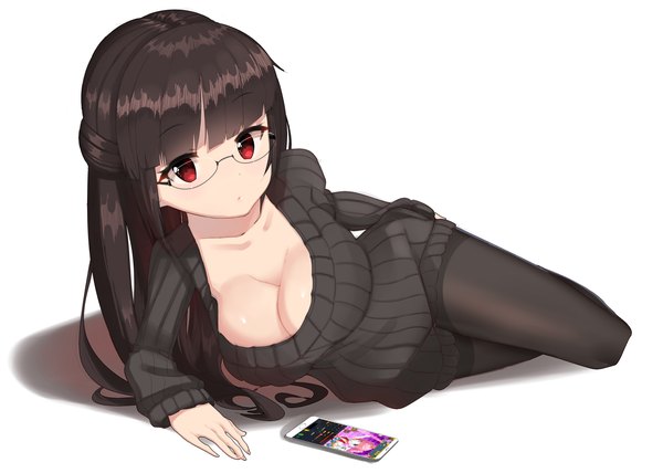 Anime picture 2257x1611 with original tigersaber single long hair looking at viewer fringe highres breasts light erotic black hair simple background red eyes large breasts white background cleavage blunt bangs arm support shadow hand on hip on side