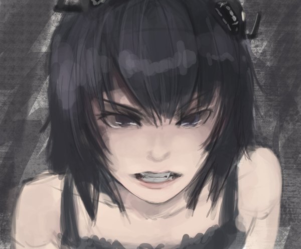 Anime picture 2379x1967 with original yami shoujo riftgarret single looking at viewer highres short hair breasts blue eyes black hair grey background teeth fang (fangs) grin portrait flat chest close-up face girl dress