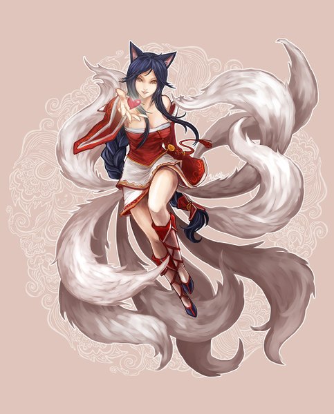 Anime picture 998x1240 with league of legends ahri (league of legends) aa2233a single tall image looking at viewer highres breasts black hair bare shoulders animal ears yellow eyes cleavage tail braid (braids) very long hair animal tail light smile wide sleeves fox ears