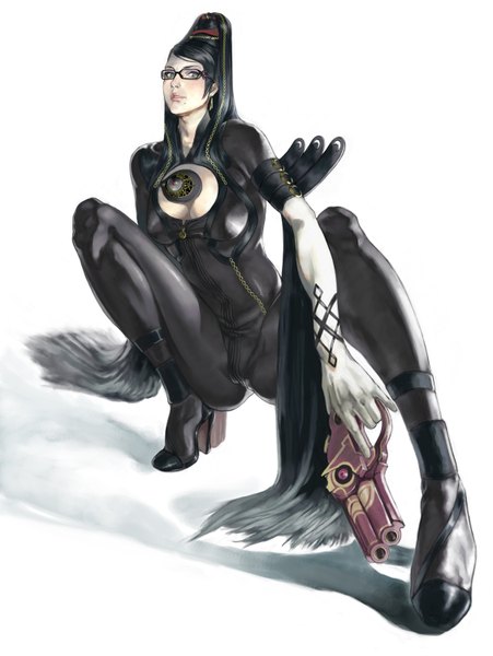 Anime picture 1129x1500 with bayonetta bayonetta (character) simuka (kazakami) tall image looking at viewer light erotic black hair simple background ponytail very long hair mole shadow grey eyes tattoo eyeshadow mole under mouth girl weapon earrings glasses