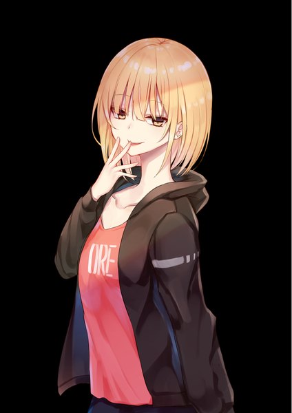 Anime picture 1417x2006 with original piripun single tall image looking at viewer fringe short hair open mouth simple background blonde hair smile hair between eyes yellow eyes upper body open jacket shadow black background hand to mouth clothes writing girl