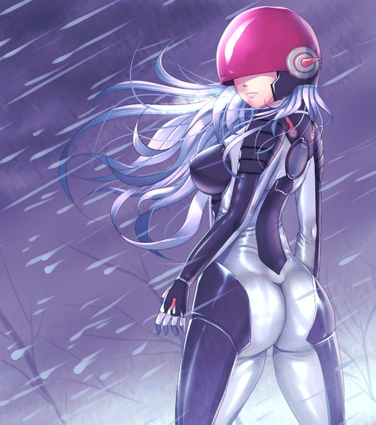 Anime picture 1239x1399 with mobile suit gundam gundam build fighters sunrise (studio) aila jyrkiainen harihisa single long hair tall image light erotic standing purple hair looking back wind from behind rain girl plant (plants) tree (trees) bodysuit helmet