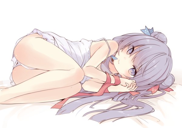 Anime picture 1997x1409 with touhou patchouli knowledge kedama milk single long hair looking at viewer fringe highres light erotic smile white background purple eyes purple hair bent knee (knees) lying on side cameltoe strap slip girl underwear