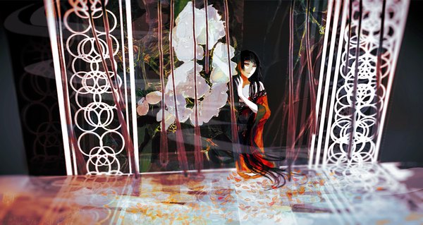 Anime picture 1000x533 with xxxholic clamp ichihara yuuko iyumekai single fringe open mouth black hair red eyes wide image bare shoulders very long hair traditional clothes girl curtains