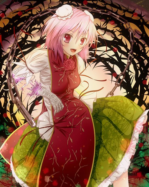 Anime picture 1440x1800 with touhou ibaraki kasen toranashi (artist) single tall image short hair open mouth red eyes pink hair ghost girl dress chain bandage (bandages) bun cover thorns