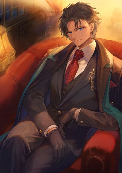 Anime picture 1302x1842 with fate (series) fate/grand order bartholomew roberts (fate/grand order) mashuu (neko no oyashiro) single tall image looking at viewer fringe short hair blue eyes smile brown hair sitting indoors long sleeves head tilt night crossed legs clothes on shoulders boy