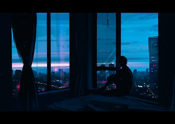 Anime picture 1200x850 with original aenami single sky cloud (clouds) indoors city evening landscape city lights silhouette boy window building (buildings) curtains