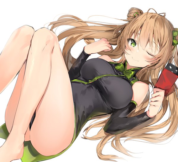Anime picture 2060x1880 with girls frontline rfb (girls frontline) silver (chenwen) single long hair looking at viewer blush fringe highres breasts light erotic simple background smile hair between eyes brown hair white background holding green eyes bent knee (knees) lying
