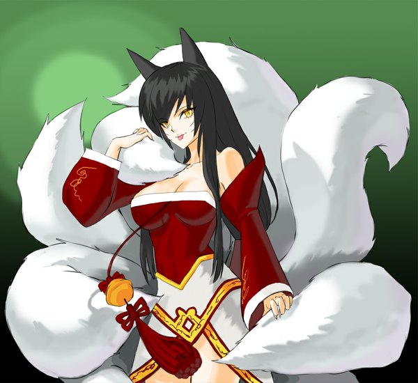 Anime picture 1046x960 with league of legends ahri (league of legends) single long hair looking at viewer animal ears yellow eyes animal tail facial mark multiple tails whisker markings girl detached sleeves tongue