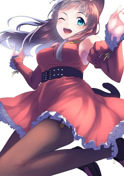 Anime picture 800x1132 with touboku single long hair tall image open mouth blue eyes brown hair white background animal ears tail animal tail one eye closed wink cat ears cat girl cat tail girl thighhighs dress black thighhighs