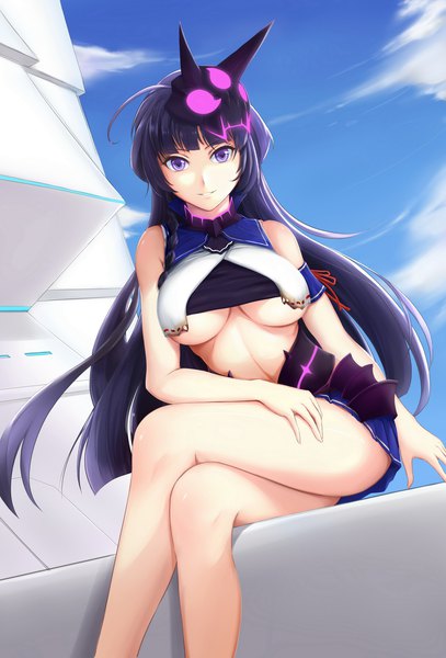 Anime-Bild 1494x2202 mit honkai impact 3rd benghuai xueyuan honkai (series) raiden mei shiro haoto single long hair tall image looking at viewer fringe breasts light erotic large breasts sitting purple eyes bare shoulders payot sky purple hair cloud (clouds)