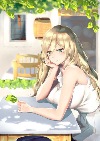 Anime picture 2507x3541 with kantai collection richelieu (kantai collection) tokorotn single long hair tall image looking at viewer blush fringe highres breasts light erotic blonde hair hair between eyes large breasts bare shoulders aqua eyes mole alternate costume mole under eye