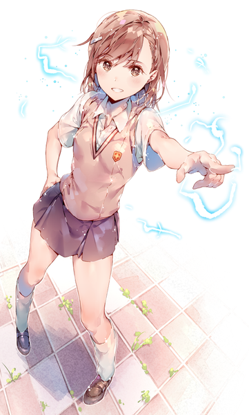 Anime picture 600x996 with to aru kagaku no railgun j.c. staff misaka mikoto dsmile single tall image looking at viewer short hair brown hair brown eyes outstretched arm hand in pocket electricity biribiri girl skirt uniform hair ornament school uniform miniskirt