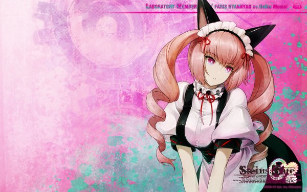 Anime picture 1280x800 with steins;gate white fox faris nyannyan huke single long hair wide image twintails animal ears looking away pink hair pink eyes cat ears maid leaning drill hair fake animal ears third-party edit girl headdress