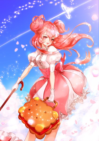 Anime picture 700x990 with cookie run cherry blossom cookie ruck single long hair tall image looking at viewer blush fringe hair between eyes red eyes standing holding sky cloud (clouds) outdoors red hair wind two side up puffy sleeves