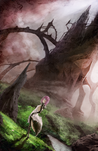 Anime picture 1304x2000 with original akaikitsune single tall image fringe short hair red eyes standing pink hair looking back rock ant girl plant (plants) grass castle