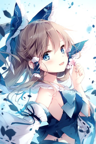 Anime picture 848x1274 with touhou hakurei reimu mochizuki shiina single long hair tall image looking at viewer blush fringe breasts open mouth blue eyes simple background smile hair between eyes brown hair white background bare shoulders holding payot