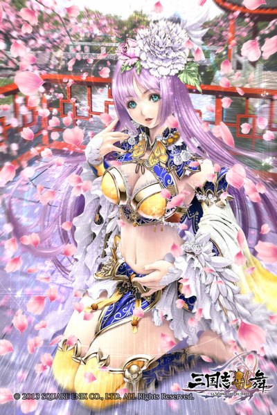 Anime picture 700x1050 with original sumomo kpa single long hair tall image looking at viewer open mouth blue eyes cleavage purple hair barefoot hair flower midriff girl dress navel hair ornament flower (flowers) detached sleeves petals