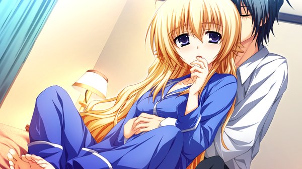 Anime picture 2560x1440 with akatsuki no goei kurayashiki tae tomose shunsaku long hair highres short hair open mouth blue eyes blonde hair wide image blue hair game cg eyes closed couple hug girl boy pajamas