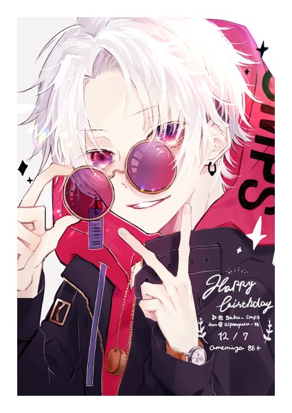 Anime picture 1700x2400 with original 86+ single tall image looking at viewer short hair smile signed white hair pink eyes border victory happy birthday adjusting sunglasses boy earrings jacket sunglasses clock wristwatch