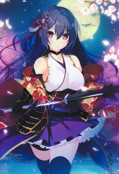 Anime picture 2703x3940 with kizuna kirameku koi iroha a-1 pictures kamiizumi saya nironiro single long hair tall image looking at viewer fringe highres breasts hair between eyes large breasts purple eyes bare shoulders holding signed payot cloud (clouds) traditional clothes