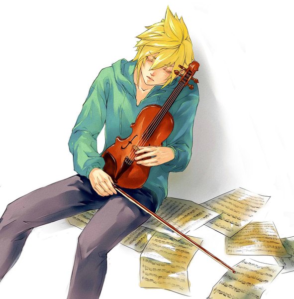 Anime picture 1806x1836 with final fantasy vii pixiv cloud strife yoku (liuyc) single tall image highres short hair simple background blonde hair white background sitting eyes closed shadow sleeping boy paper musical note violin
