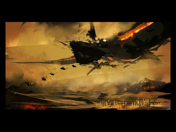 Anime picture 1280x960 with mountain flying falling mecha aircraft watercraft airplane ship mozuo