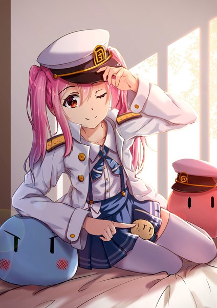 Anime picture 707x1000 with kantai collection original female admiral (kantai collection) byakuya reki single long hair tall image looking at viewer blush fringe hair between eyes red eyes sitting twintails pink hair bent knee (knees) indoors head tilt pleated skirt one eye closed