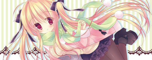 Anime picture 1035x414 with original sumii single long hair looking at viewer blush blonde hair red eyes wide image girl skirt bow ribbon (ribbons) hair bow hair ribbon pantyhose scarf sweater