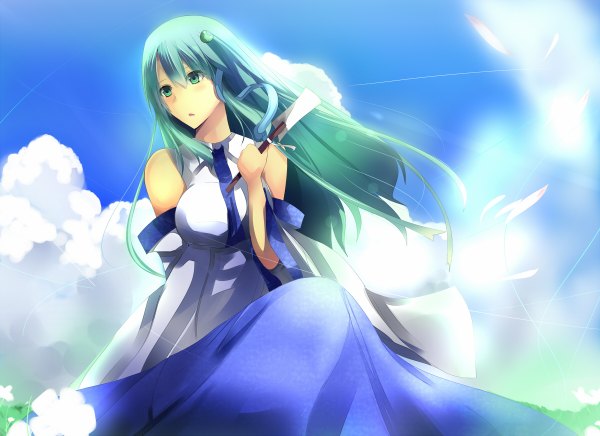 Anime picture 1200x872 with touhou kochiya sanae daiaru single long hair bare shoulders green eyes sky cloud (clouds) green hair aqua hair girl detached sleeves