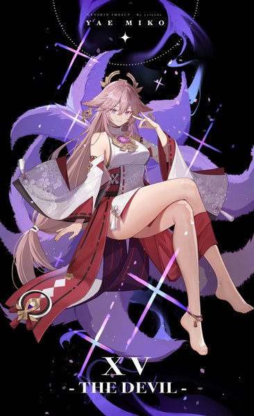 Anime picture 3348x5493 with genshin impact yae miko yolanda single tall image fringe highres light erotic hair between eyes sitting purple eyes animal ears pink hair absurdres full body tail very long hair traditional clothes japanese clothes animal tail
