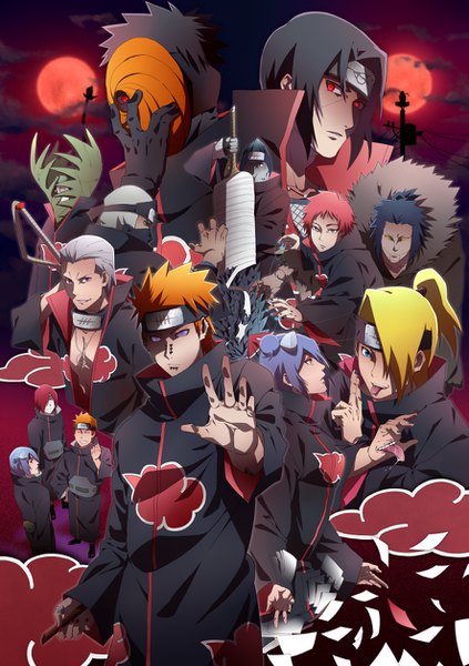 Anime picture 885x1254 with naruto studio pierrot naruto (series) uchiha itachi uchiha obito tobi deidara sasori pain (naruto) konan hidan hoshigaki kisame kakuzu zetsu nagato (naruto) yahiko (naruto) hedoro long hair tall image looking at viewer