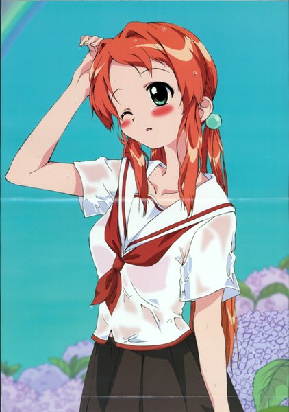 Anime picture 1200x1705 with kono minikuku mo utsukushii sekai konomini hikari (konomini) tall image scan wet clothes crease flower (flowers) serafuku hydrangea